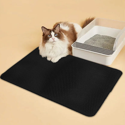 Black double-layer cat litter mat with raised texture and non-slip backing, rectangular
