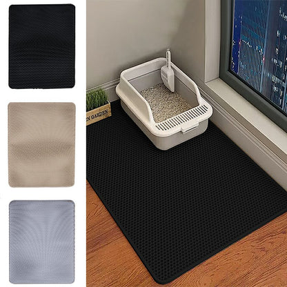Black cat litter mat with raised hex texture, rectangular surface for paw cleaning