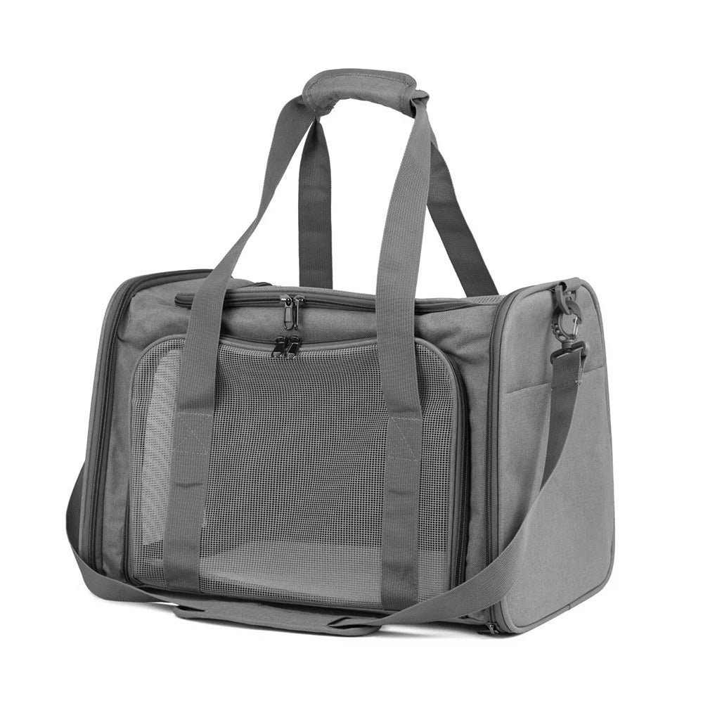 Foldable pet travel bag in grey with mesh panel and dual zippered compartments.