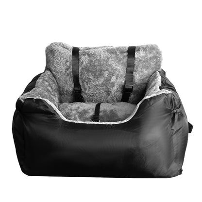 Black plush pet car booster seat with gray sherpa-style interior and side straps