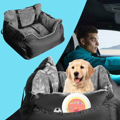 Black and gray plush pet car booster seat with gray headrest and front strap details