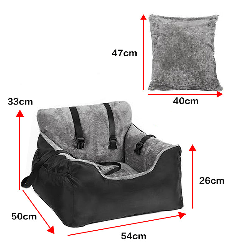 Black plush pet booster seat dimensions diagram with gray lining and straps