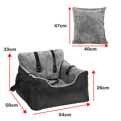 Black plush pet booster seat dimensions diagram with gray lining and straps