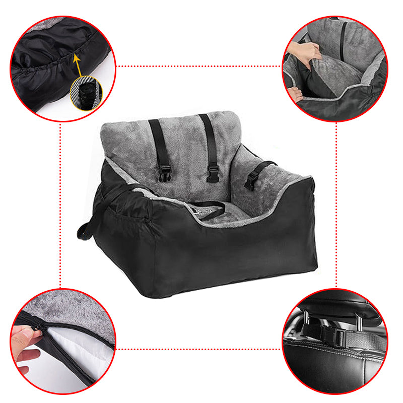 Black and gray plush pet booster seat with two front straps and pocket detail