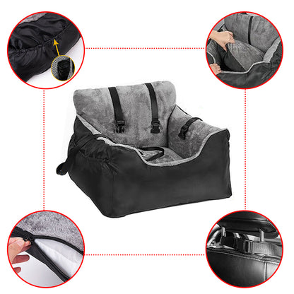 Black and gray plush pet booster seat with two front straps and pocket detail