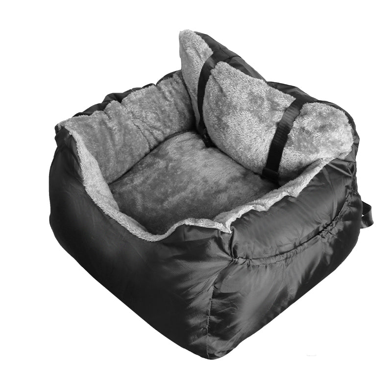 Black plush pet booster seat with gray lining, open top, and two raised side pads