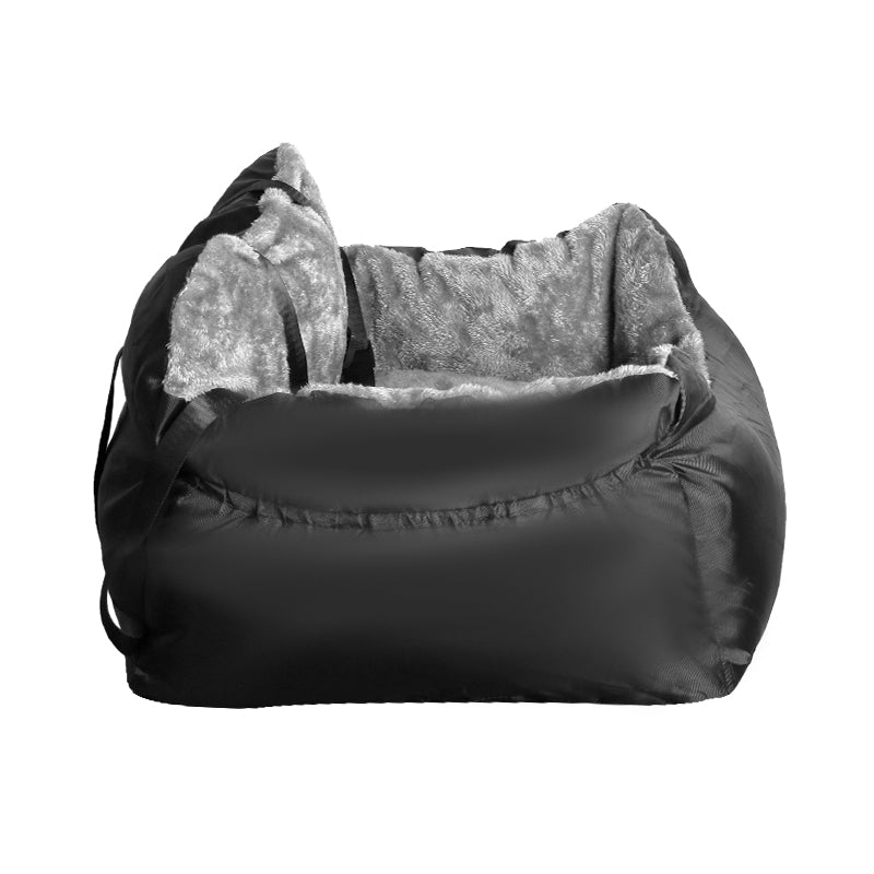 Black plush dog car booster seat with gray cushioned back and soft side padding