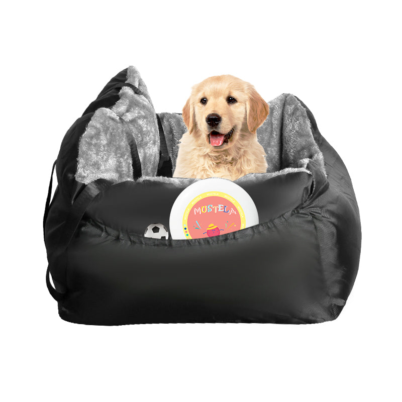 Black plush pet booster seat with gray interior and two front straps, with a dog inside