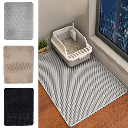 Double-layer cat litter mat with textured grid surface, shown in gray