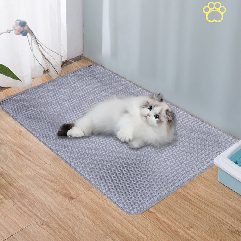 Double-layer cat litter mat with non-slip textured surface, shown in gray