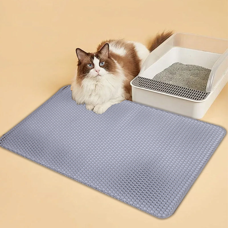 Double-layer cat litter mat in gray with textured paw-cleaning surface