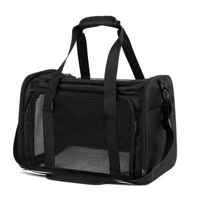 Foldable pet travel bag in black with mesh window, front zip, and side carrying strap.