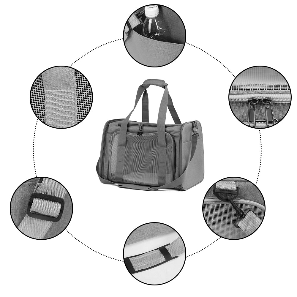 Foldable soft-sided pet travel bag with mesh panels, top handle and shoulder straps