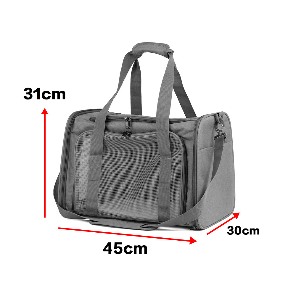 Grey foldable pet carrier bag; dimensions 45cm wide, 30cm deep, 31cm high