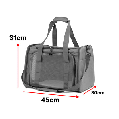 Grey foldable pet carrier bag; dimensions 45cm wide, 30cm deep, 31cm high