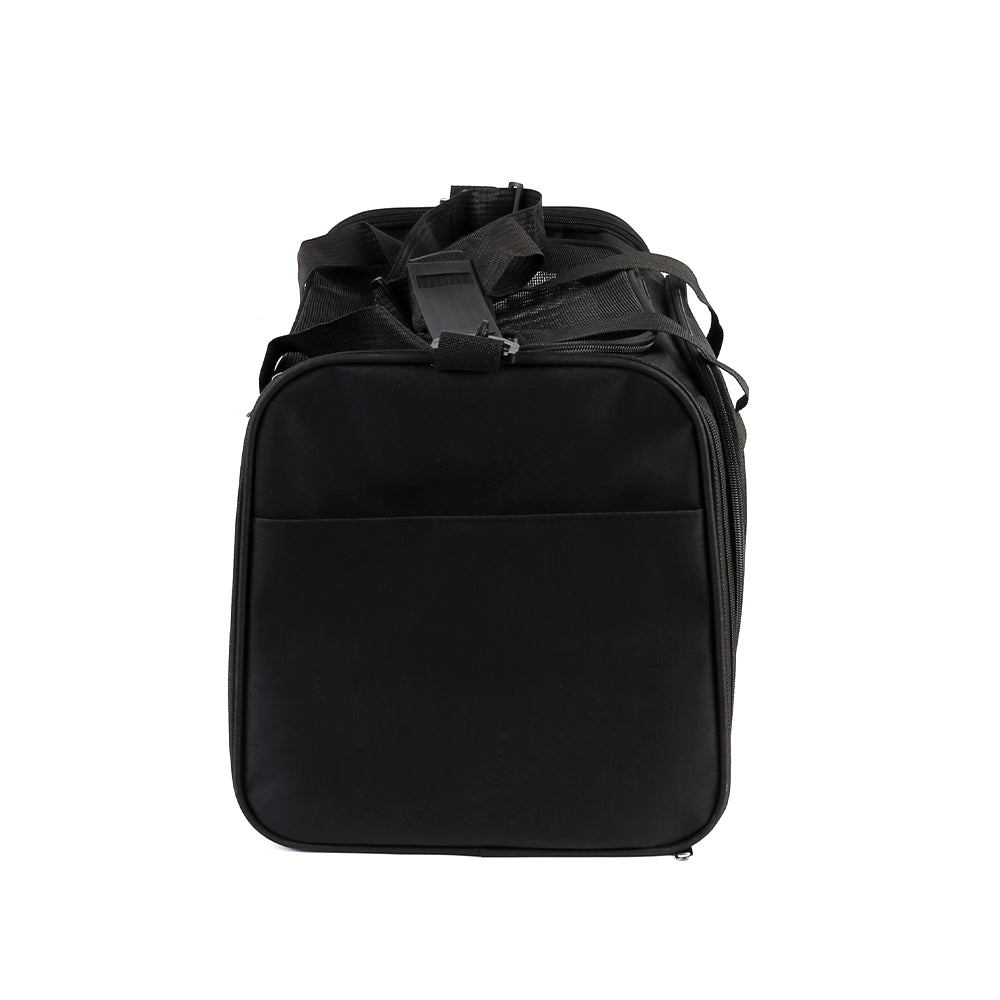 Foldable pet travel bag in black with top handle and compact rounded front.
