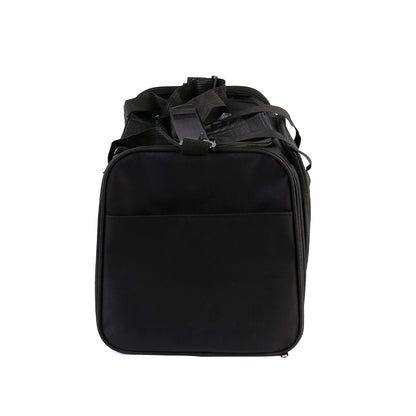 Foldable pet travel bag in black with top handle and compact rounded front.