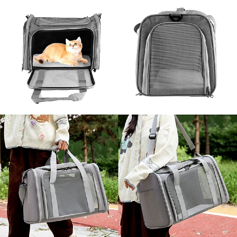 Grey foldable pet travel bag with front opening and mesh panel, plus closed view angle.