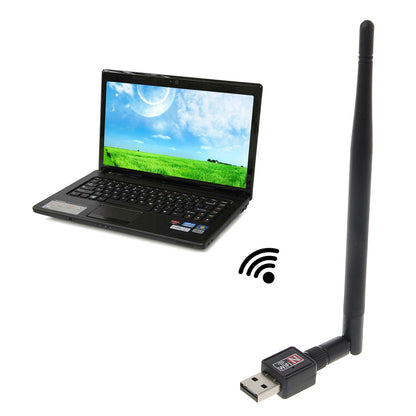 USB WiFi dongle with long black antenna and USB plug, Wi-Fi symbol on body