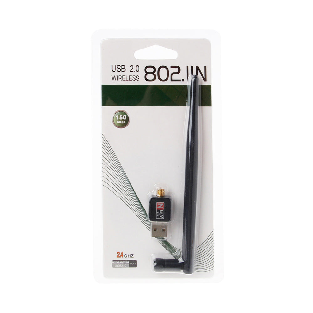 Retail package of USB 2.0 WiFi wireless adapter with long antenna and USB plug