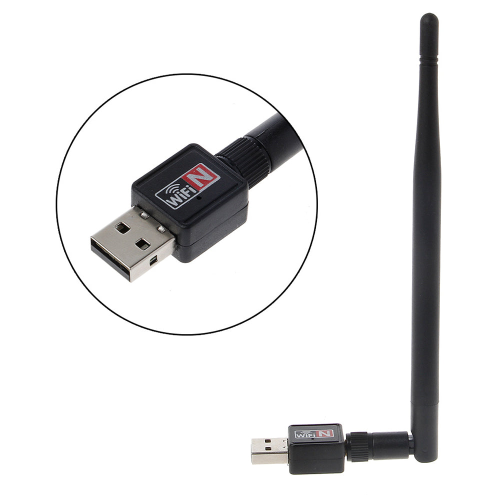 Close-up of USB WiFi dongle with WiFi N logo on USB plug and long black antenna