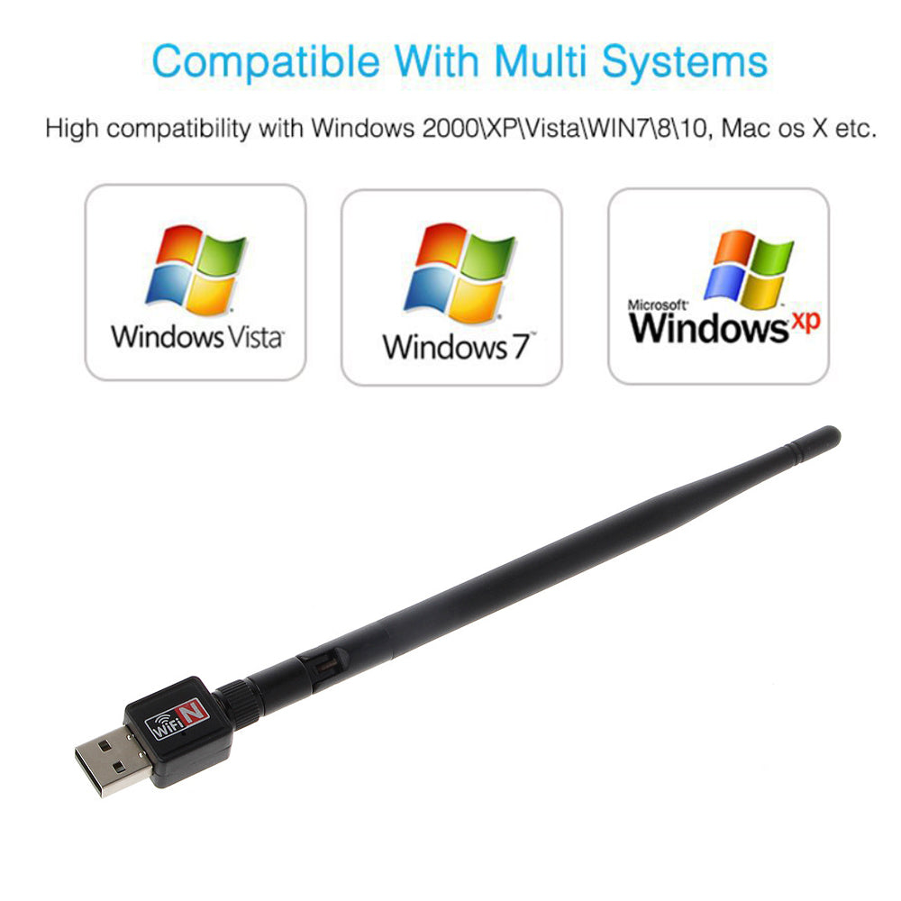USB WiFi adapter with long black antenna and small rectangular USB connector body