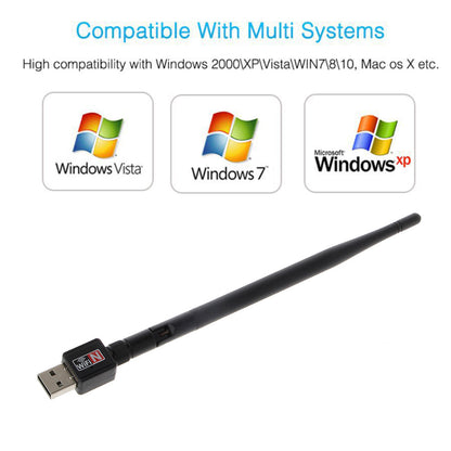 USB WiFi adapter with long black antenna and small rectangular USB connector body