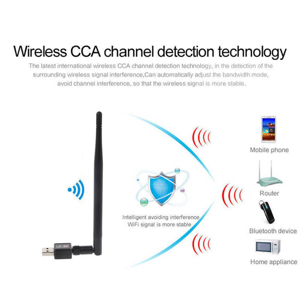 USB WiFi dongle with long antenna and interference protection shield graphic concept