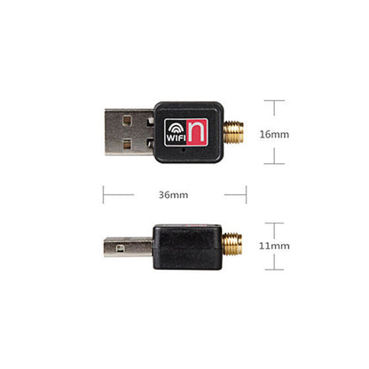 USB WiFi network adapter showing compact size and two metal connector ends with antenna