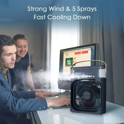 3-in-1 portable USB air cooler fan with mist output and compact tabletop design