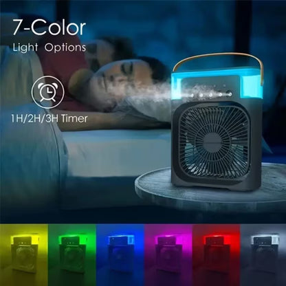3-in-1 portable USB air cooler fan with 7-color LED light and timer