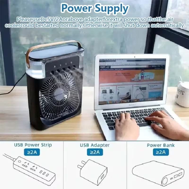 3-in-1 portable USB air cooler fan with water mist nozzle and USB power options