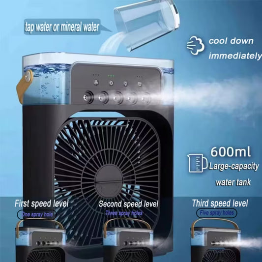 3-in-1 portable USB air cooler fan with mist spray and large 600ml water tank
