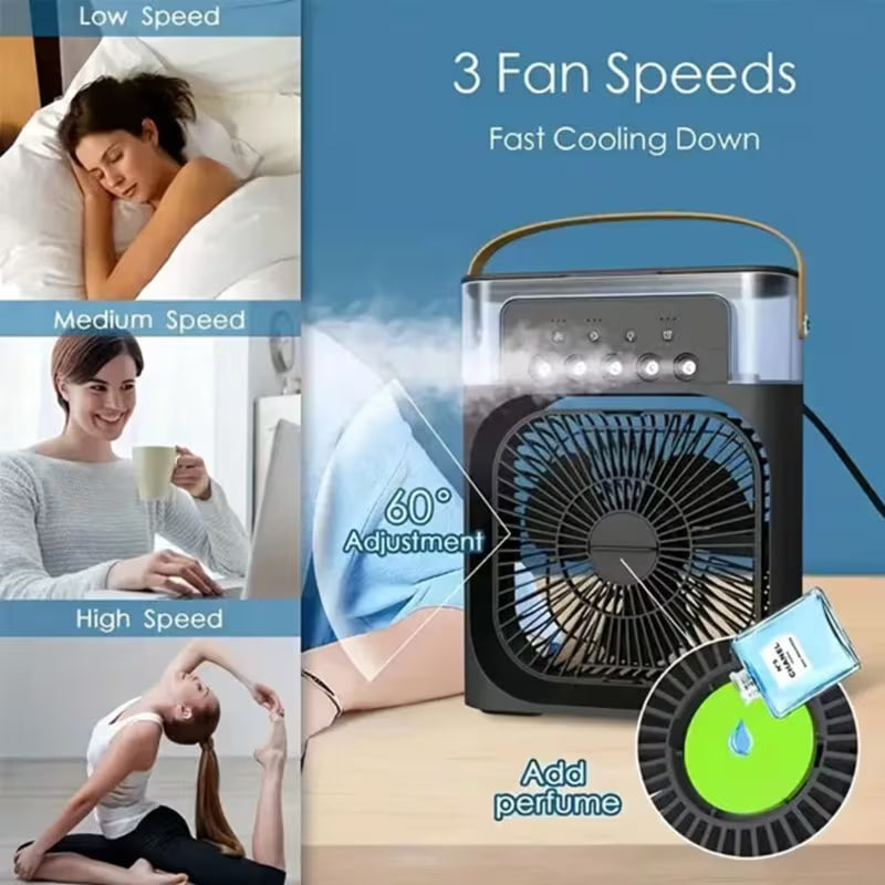 3-in-1 portable USB air cooler fan showing adjustable fan speeds and mist spray