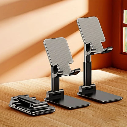 Universal foldable phone/tablet desk stand, black dual-stand setup with textured grip pads