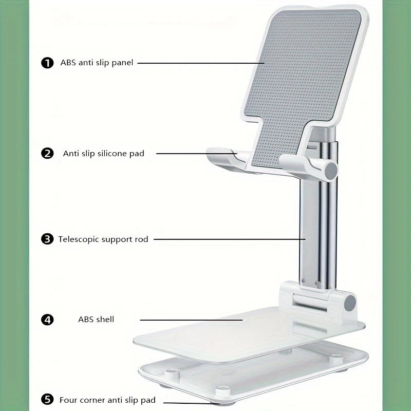 Universal foldable phone/tablet desk stand, white anti-slip pads and telescopic support rod