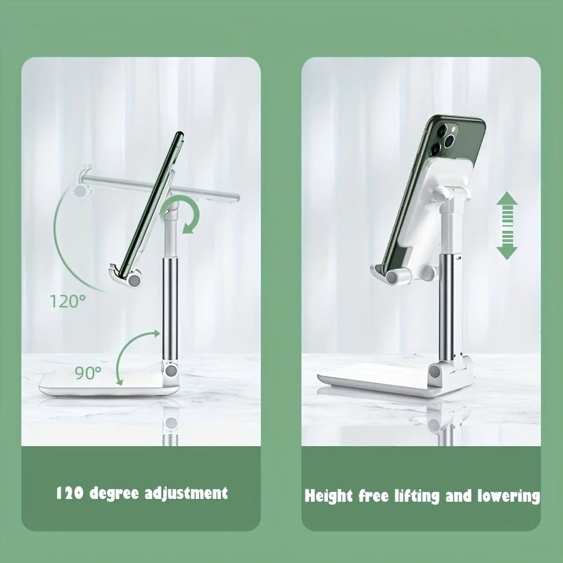 Universal foldable phone/tablet desk stand, white adjustable holder with metal pole