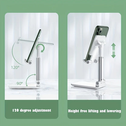 Universal foldable phone/tablet desk stand, white adjustable holder with metal pole