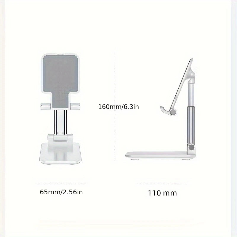 Universal foldable phone/tablet desk stand, size diagram showing folded and raised positions