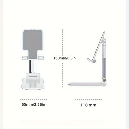 Universal foldable phone/tablet desk stand, size diagram showing folded and raised positions