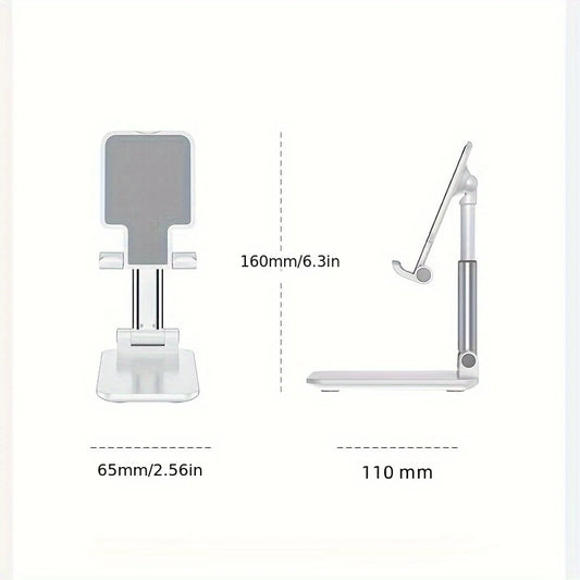 Universal foldable phone/tablet desk stand, size diagram showing folded and raised positions