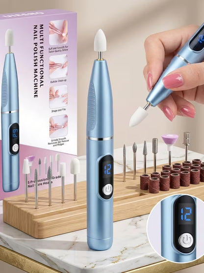 Cordless electric nail drill kit with blue handle and assorted sanding bits and caps