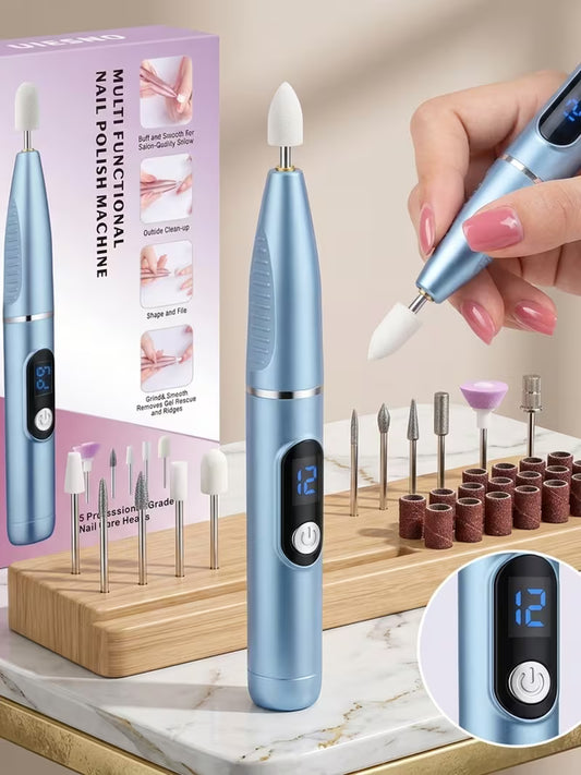 Cordless electric nail drill kit with blue handle and assorted sanding bits and caps