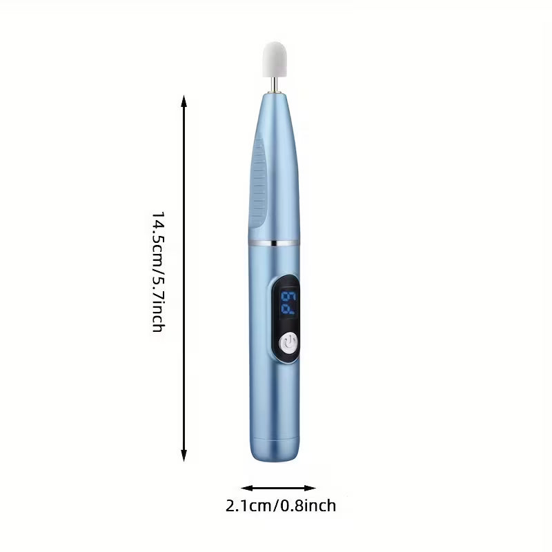 Blue cordless electric nail drill shown with height and width measurement