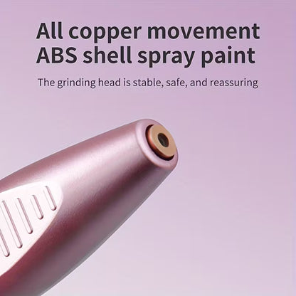 Cordless electric nail drill with rose-gold metal body and visible sanding head mount