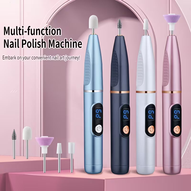 Cordless electric nail drill kit handles with replaceable bits in blue, black, white, and pink