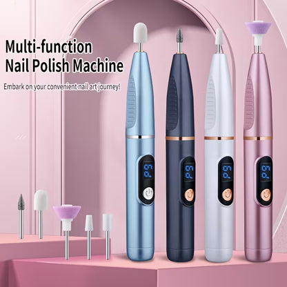 Cordless electric nail drill kit handles with replaceable bits in blue, black, white, and pink