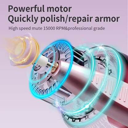 Cordless electric nail drill with exposed spinning bit and metal motor barrel
