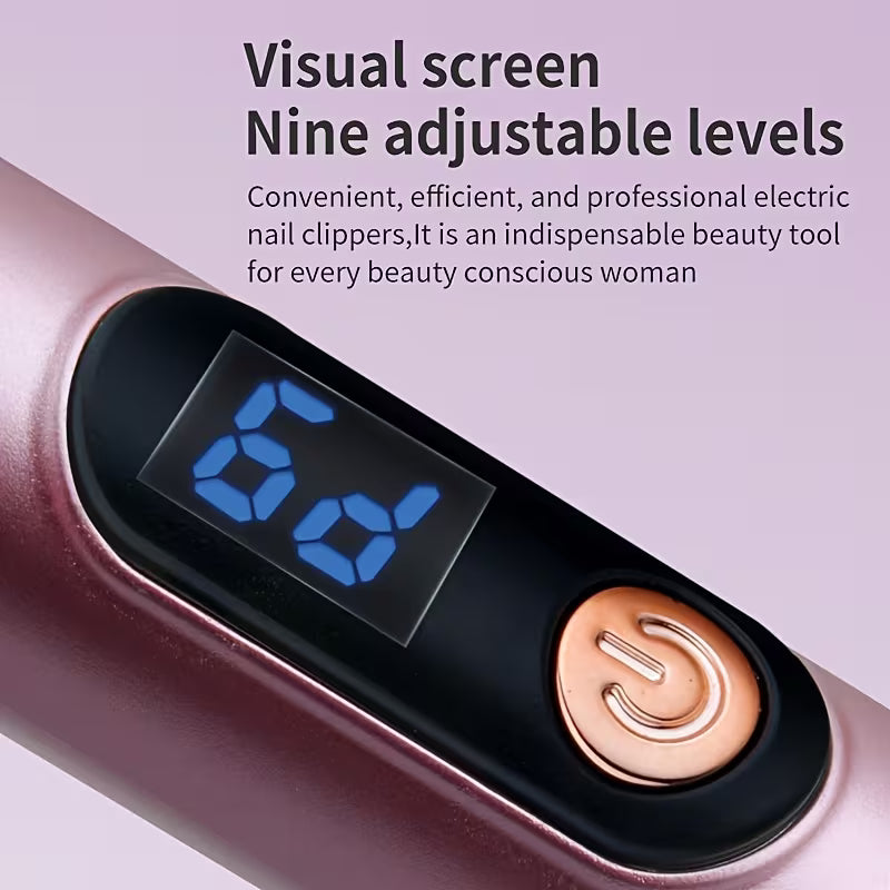 Cordless electric nail drill with dark body, LCD screen, and power button