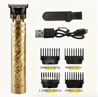 Cordless hair clipper with charging cable and four guard comb sizes
